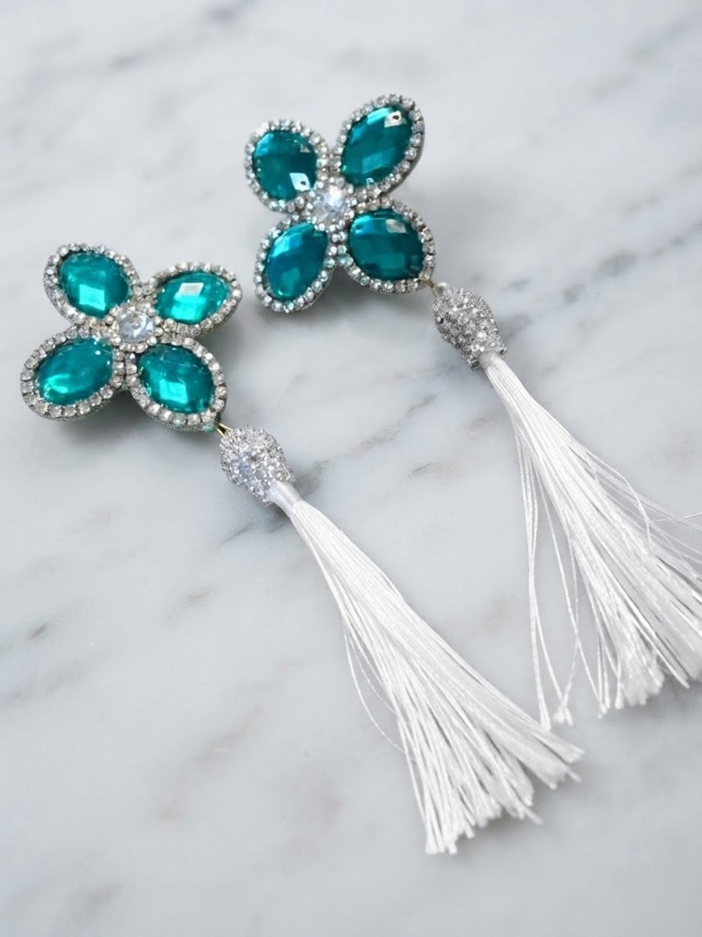 Teal Crystal Floral Tassel Earrings with White Fringe Handmade